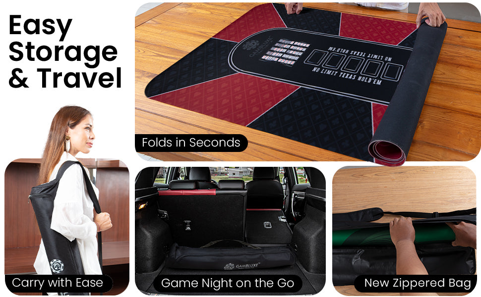 Foldable Gambluxe poker mat with zippered carrying bag, easy to store, transport, and perfect for game nights on the go.